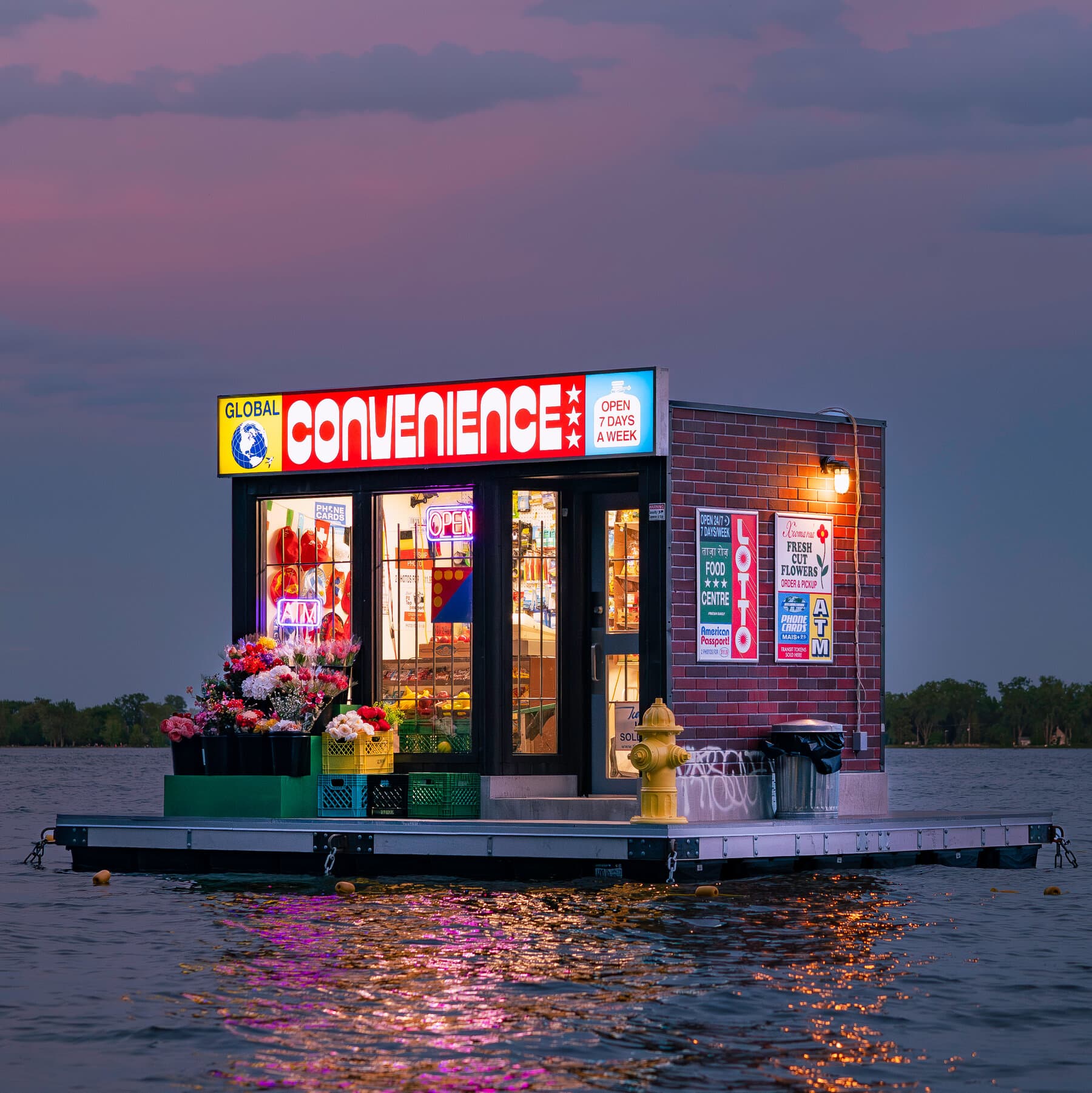 A floating convenience store appears in Toronto