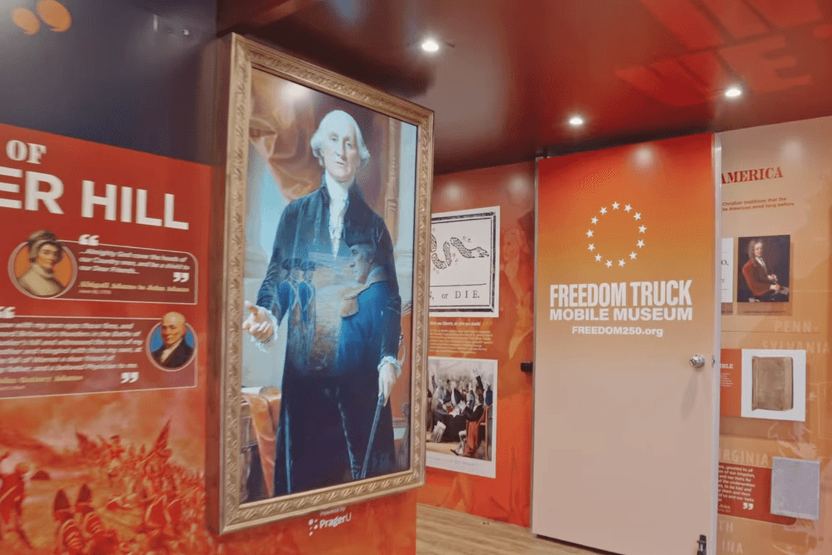 AI-generated George Washington run by conservative PragerU is featured on Trump’s ‘Freedom Truck’ as it tours US