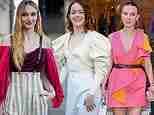 Sophie Turner cuts a quirky figure in bright pink top and braces as she joins a stylish Emma Stone and Millie Bobby Brown for the Louis Vuitton show at Paris Fashion Week