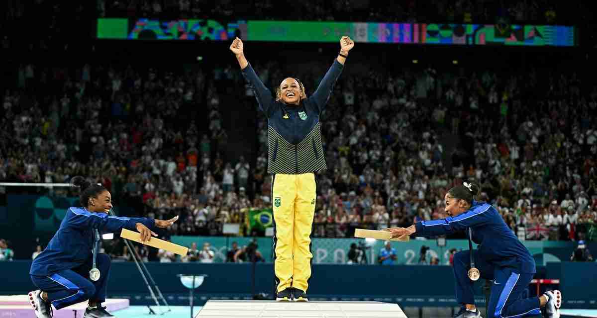 Simone Biles and Jordan Chiles affectionately bow to Brazilian athlete who beat them to gold medal