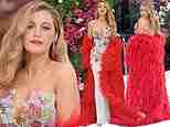 Blake Lively looks radiant in a £30,000 floral frock and scarlet feather shawl after making her FIFTH outfit change of the day for the UK premiere of It Ends With Us